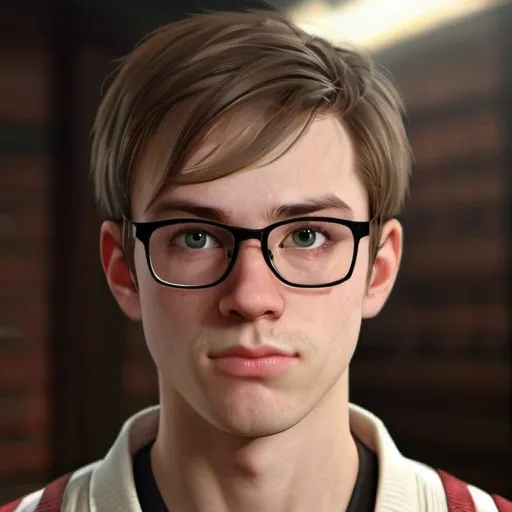 Prompt: Detailed, realistic portrait of a 27-year-old male nerd with glasses, martial arts enthusiast, geeky demeanor, high-res, natural lighting, realistic style, warm tones, 3D rendering, detailed facial features, slender build, subtle martial arts references, realistic glasses, detailed eyes, professional, warm lighting, pale skin, small scars, not good looking, skinny face, stripy hair