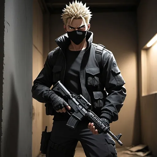 Prompt: Create an anime-style image featuring a male character. The character should have short spiky hair and be wearing a black mask that covers the lower half of his face. He is dressed in tactical clothing, including a dark jacket, pants, and boots, suitable for a covert operation. The character is holding a sleek, modern handgun in his right hand, and he is partially concealed behind a wall or corner of a building. His posture suggests he is cautiously hiding and ready to engage. The background shows a dimly lit urban environment with shadows suggesting the presence of enemies nearby. The overall mood should be tense and suspenseful