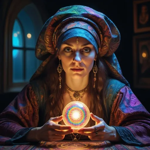 Prompt: A psychedelic woman type fortune teller at night all seeing in a Renaissance or Rembrandt style art
