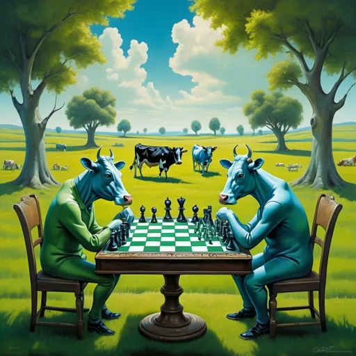 Prompt: (cows playing chess), surrealistic ambiance, (Dali-inspired), dreamlike landscape, whimsical colors, exaggerated proportions, intricate details, vibrant shades of green and blue in the field, playful expressions on the cows' faces, shadowy figures of distant trees, (surreal playfulness surrounding a chessboard), ultra-detailed, imaginative scenery, mind-bending reality.