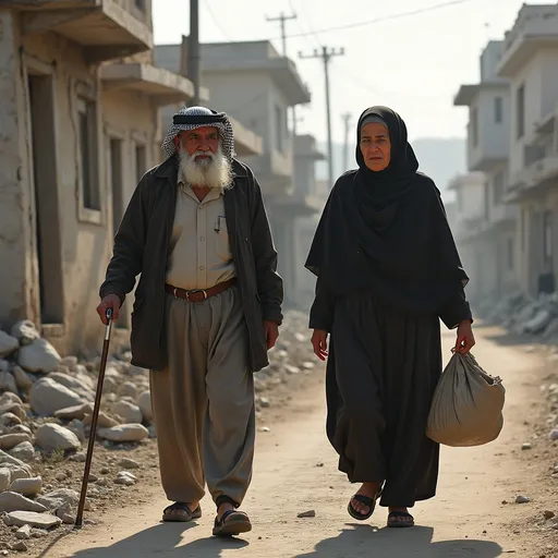 Prompt: Prompt Summary: Mohammed (70) with a walking stick and Mazyona (65) in hijab, modest dress, holding a bag of belongings, walking nervously near their home. Palestinians,man is wearing black-and-white keffiyeh. keep background consistent with Gaza, elderly couple are Palestinians, helpless, old dusty clothes, looking very sad and scared,

Style: Realistic, respectful.

Purpose: Introduce victims.