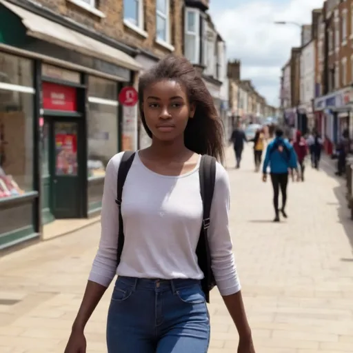 Prompt: Tall young woman walking down the high street, detailed clothing, realistic, natural lighting