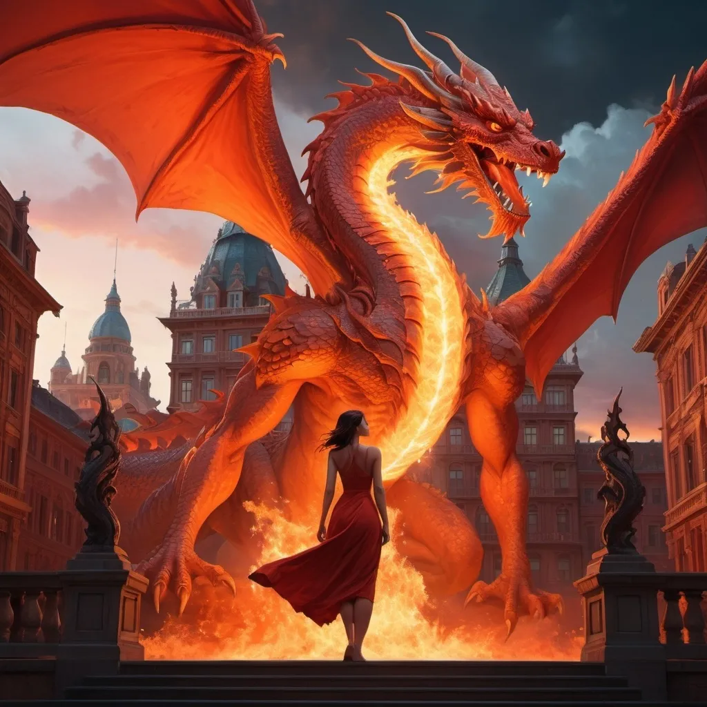 Prompt: a woman standing in front of a fire filled sky with a dragon like creature in the foreground and a building in the background, Anton Fadeev, fantasy art, dragon art, a detailed matte painting