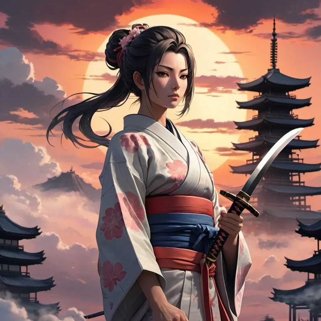 Prompt: a woman in a kimono holding a sword in front of a sunset with clouds and a pagoda in the background, Baiōken Eishun, sots art, rossdraws global illumination, a character portrait