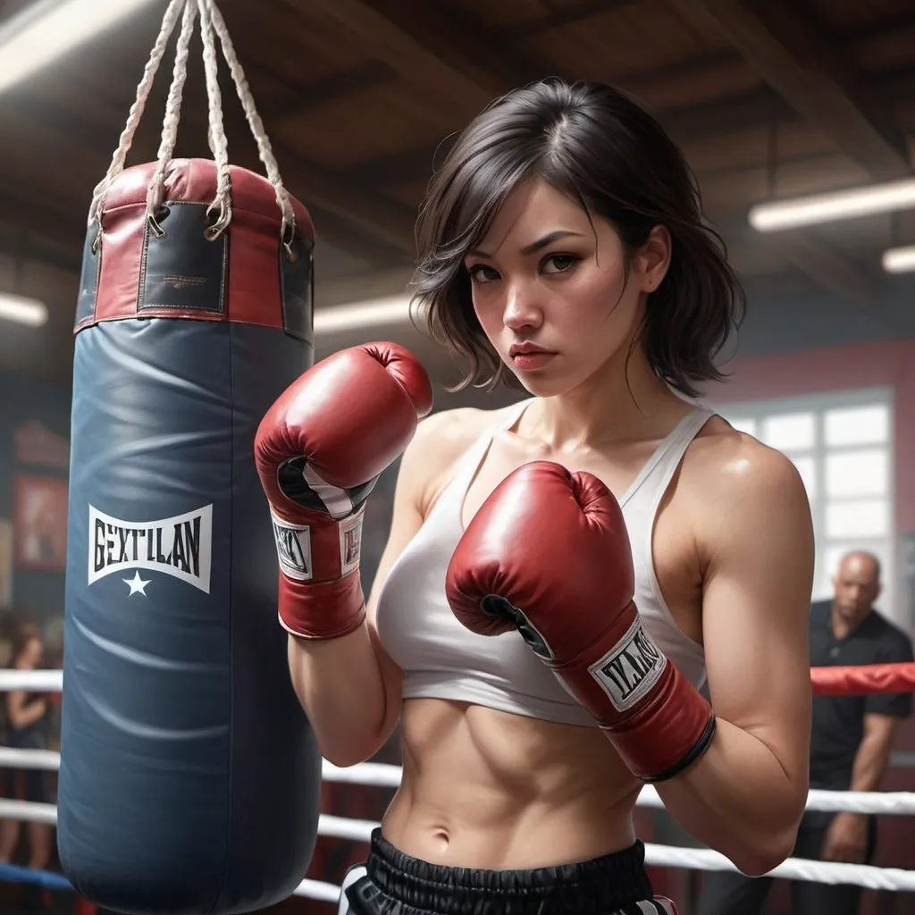 Prompt: a woman in a boxing ring with boxing gloves on her chest and a punching bag in her hand, with a man in the background, Artgerm, photorealism, stanley artgerm lau, concept art