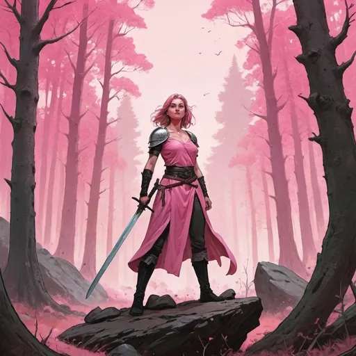 Prompt: a woman standing in a forest with a sword in his hand and a pink background with trees and rocks, Anato Finnstark, fantasy art, comic cover art, a comic book panel