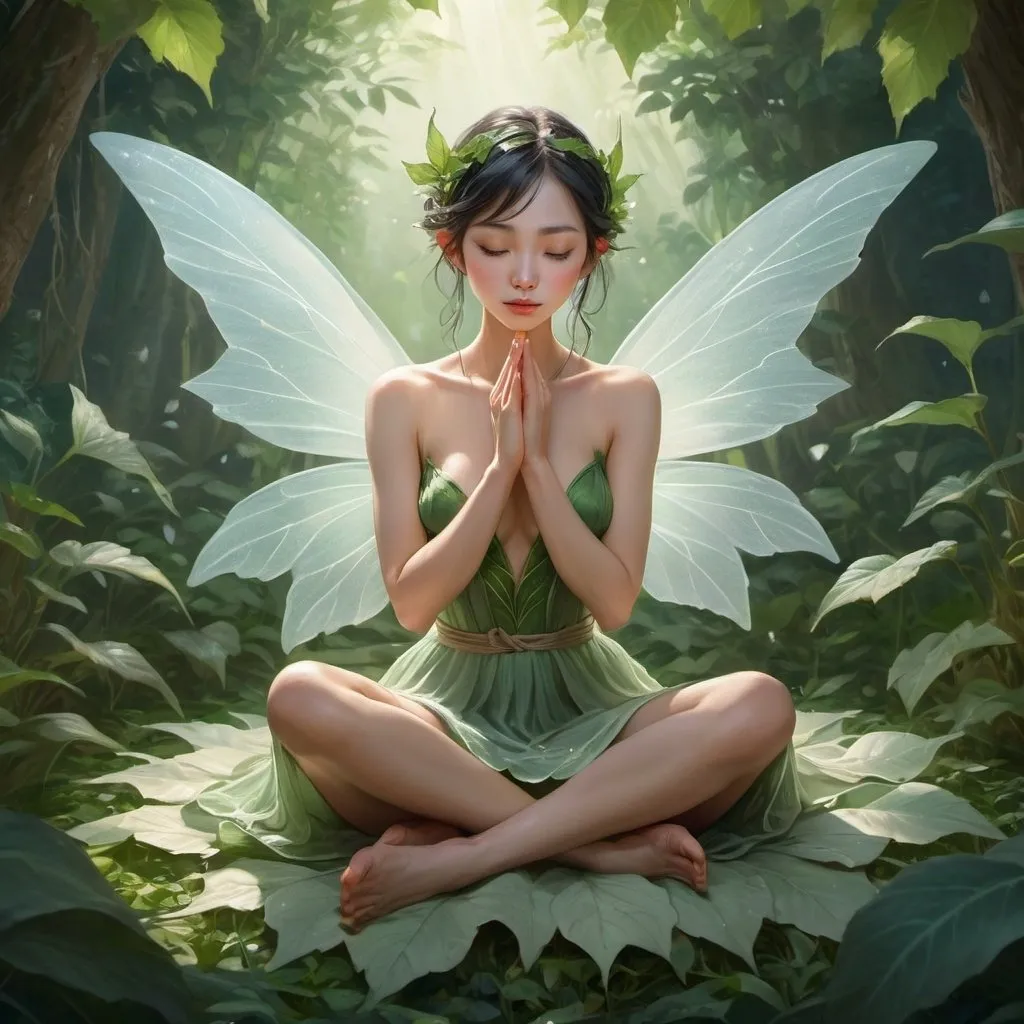 Prompt: a fairy sitting on a bed of leaves with her eyes closed and her hands folded out to her chest, Chen Lin, fantasy art, rossdraws global illumination, a detailed painting