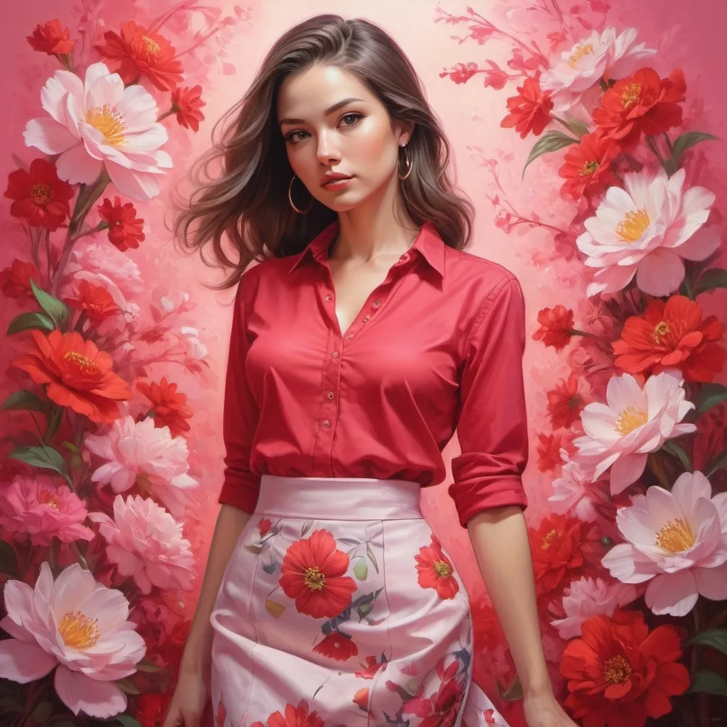 Prompt: a woman in a red shirt and skirt is standing in front of a flowered background with a pink background, Artgerm, figurative art, stanley artgerm lau, an ultrafine detailed painting