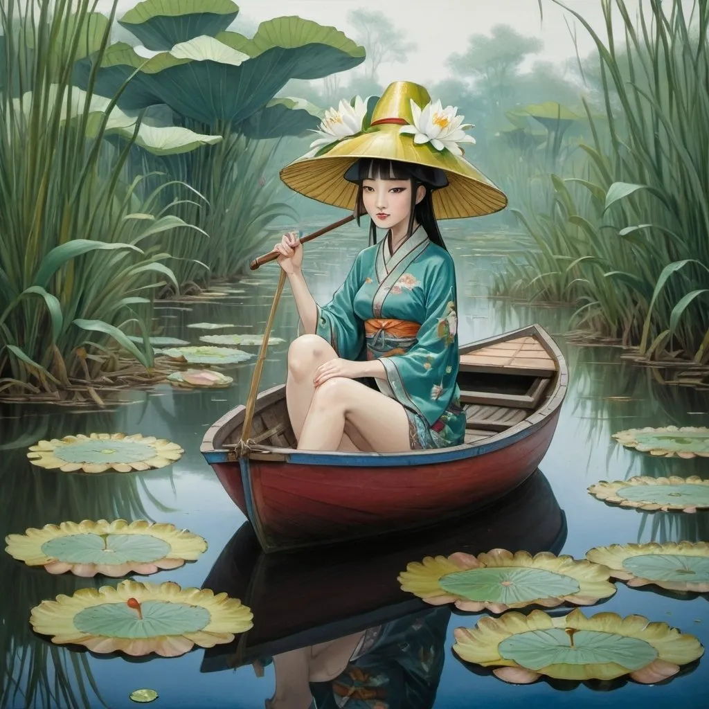 Prompt: a woman sitting in a boat in a swamp filled with lily pads and a hat on her head,, Fan Qi, cloisonnism, anime art, a detailed painting