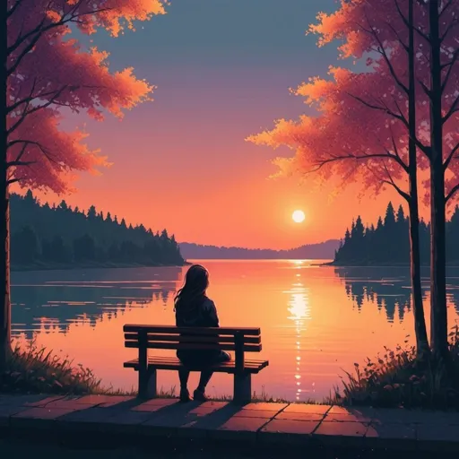 Prompt: a woman sitting on a bench in front of a sunset with a lake and trees in the background and a person sitting on a bench, Alena Aenami, pixel art, sunset, pixel art