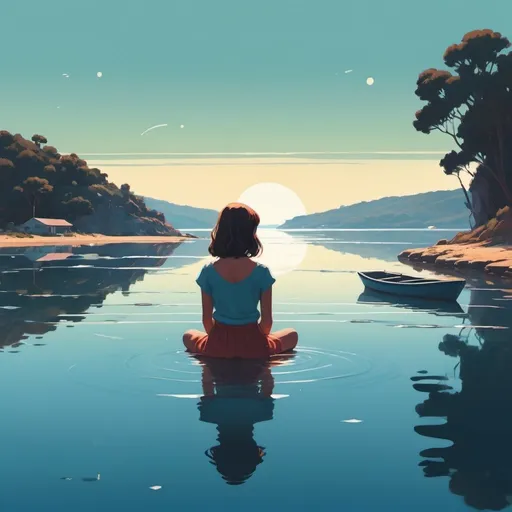 Prompt: a girl sitting in the water looking at the sky and the water below her is reflecting her body and a boat in the distance, Asaf Hanuka, context art, edward hopper and james gilleard, poster art