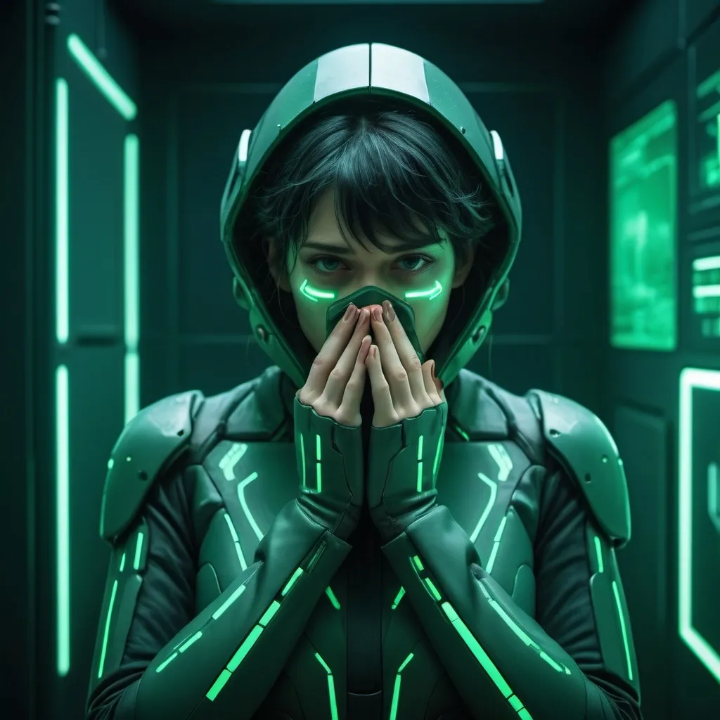 Prompt: a woman in a futuristic suit covering her face with her hands and covering her mouth with her hands, in a green room, Cedric Peyravernay, les automatistes, ghost in the shell, cyberpunk art