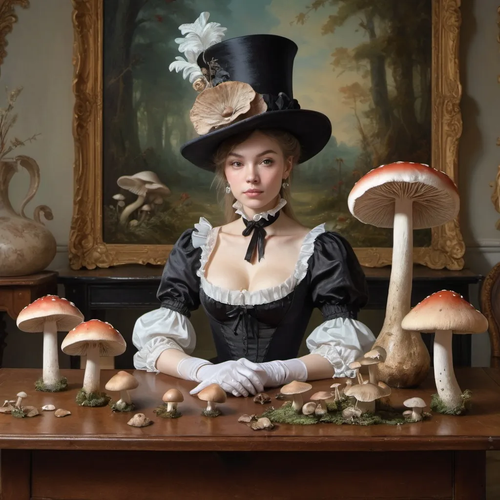 Prompt: a woman in a top hat sitting on a table with a vase and a mushroom in the background and a mushroom - like mushroom in the foreground, Alice Prin, rococo, official art, a detailed painting