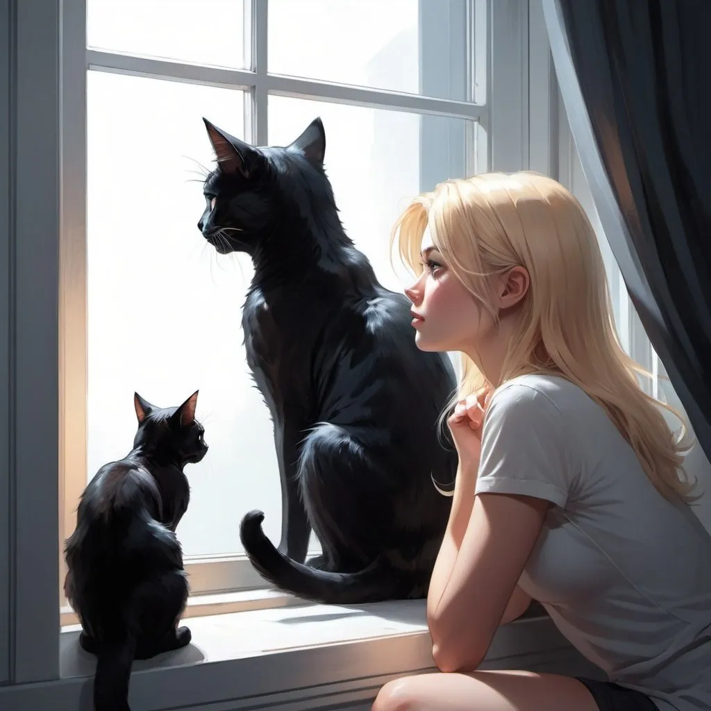 Prompt: a cat sitting next to a window with a blonde haired girl looking out the window at a black cat, Artgerm, space art, rossdraws global illumination, a comic book panel