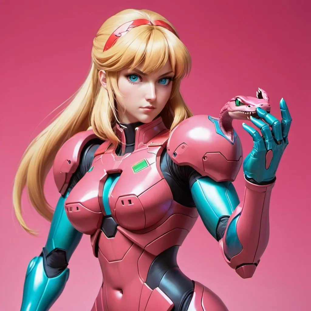 Prompt: samus aran with a snake in her hand and a pink background with a pink background and a pink background with a red and blue background, Artgerm, neogeo, anime visual, concept art