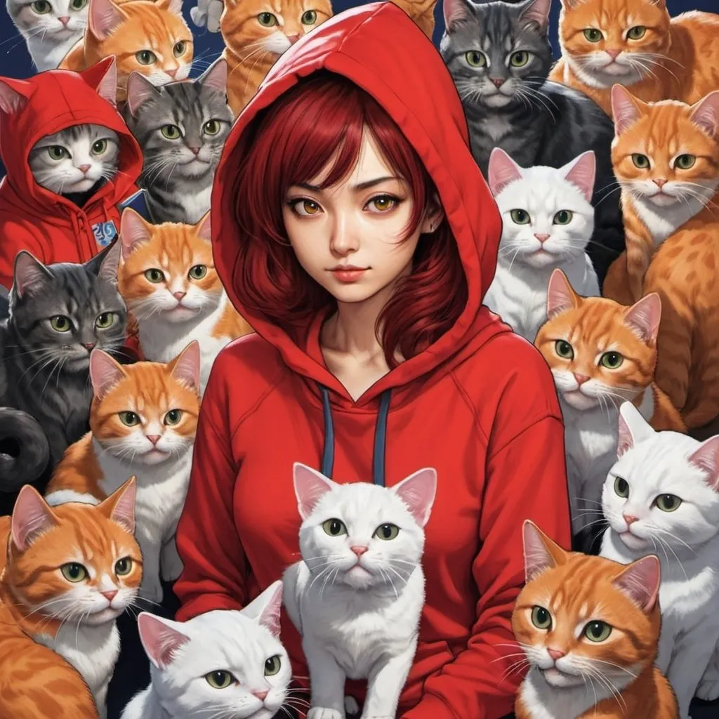 Prompt: a woman surrounded by cats and cats in a cartoon style, with a red shirt on and a red hoodie on, Ayami Kojima, furry art, yukito kishiro, poster art