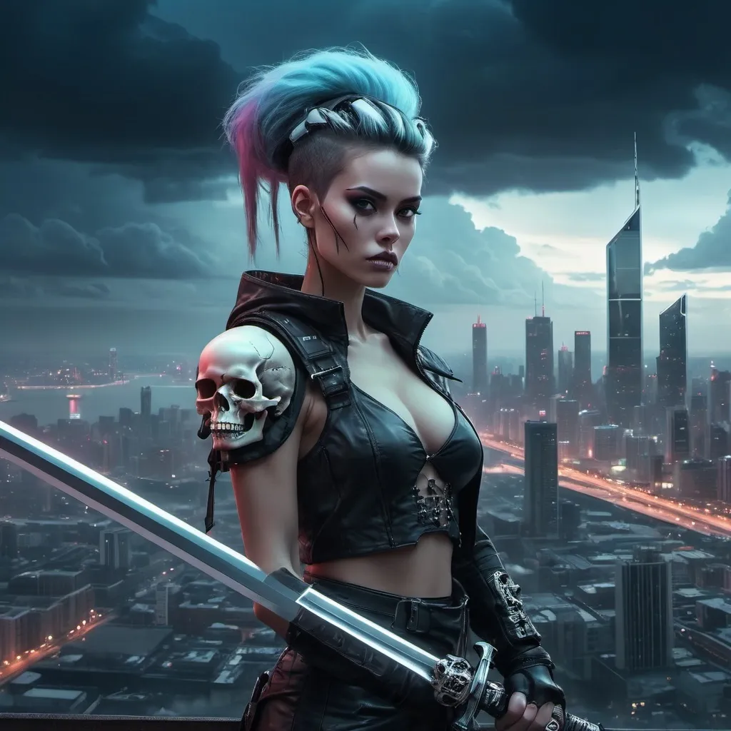 Prompt: a woman with a sword and a skull on her head is standing in front of a city skyline with a cloudy sky, Artgerm, fantasy art, biopunk, cyberpunk art