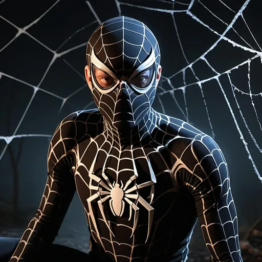 Prompt: a man with a spider suit on in the dark with a spider web in the background and a spider web in the foreground, Alton Tobey, auto-destructive art, vfx, concept art