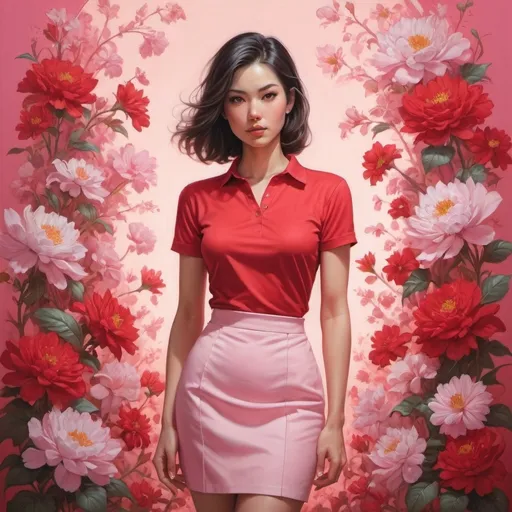 Prompt: a woman in a red shirt and skirt is standing in front of a flowered background with a pink background, Artgerm, figurative art, stanley artgerm lau, an ultrafine detailed painting