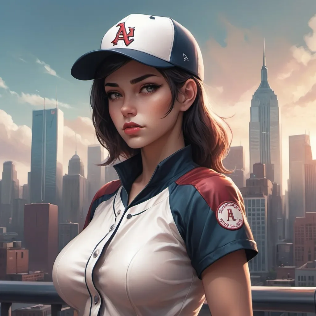 Prompt: a woman in a baseball uniform standing in front of a city skyline with her hands on her chest and a hat on, Artgerm, superflat, giantess art, cyberpunk art