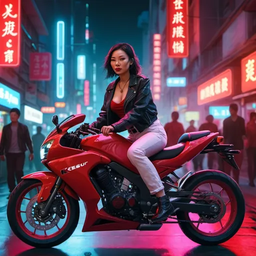 Prompt: asian woman on a red motorcycle in a city with neon lights and people in the background, with a red neon background, Cedric Seaut (Keos Masons), photorealism, rossdraws global illumination, cyberpunk art