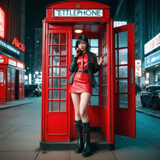 Prompt: a woman in a short skirt and boots standing in front of a red phone booth with a red phone, Alice Prin, neogeo, cosplay, cyberpunk art