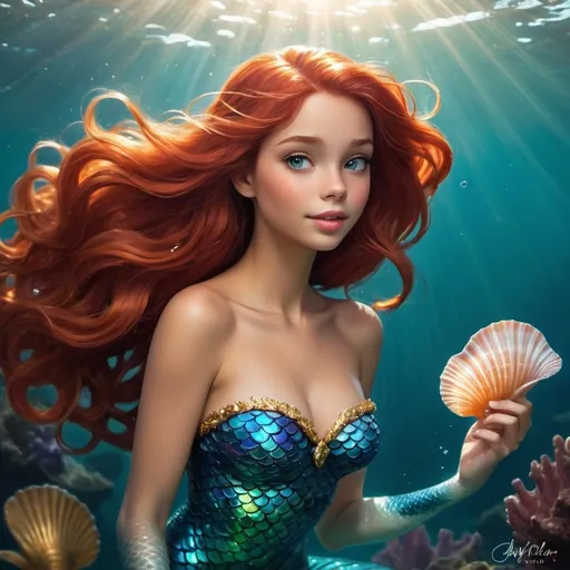 Prompt: Ariel, the enchanting mermaid princess, gracefully emerges from the sparkling, azure depths of the ocean. Her long, flowing red hair cascades around her like a fiery wave, contrasting beautifully with her iridescent, shimmering tail. She is adorned with a delicate, seashell necklace that catches the light, adding a touch of elegance to her allure. As she glides through the water, the sun's rays filter through the surface, creating a magical, golden glow that accentuates her graceful movements. Her eyes are full of playful curiosity and warmth, and she radiates a captivating blend of confidence and charm in this mesmerizing underwater world