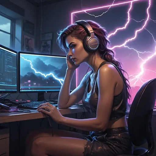 Prompt: a woman sitting in front of a computer desk with headphones on her ears and a lightning scene in the background, Artgerm, computer art, synthwave style, cyberpunk art