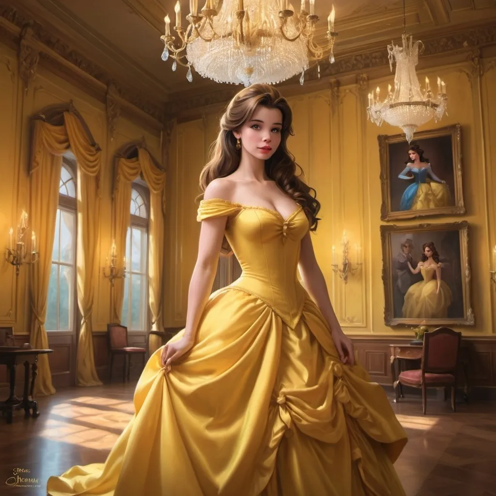 Prompt: Disney Belle in a yellow dress is posing for a picture in a palace room with a chandelier, Artgerm, fantasy art, stanley artgerm lau, a photorealistic painting