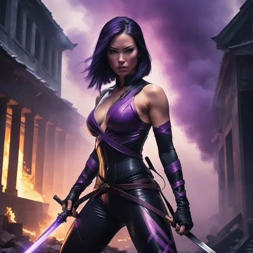 Prompt: Psylocke in a black and purple outfit holding a sword in a dark room with smoke and fire behind her and a building in the background, Aleksi Briclot, fantasy art, affinity photo, concept art