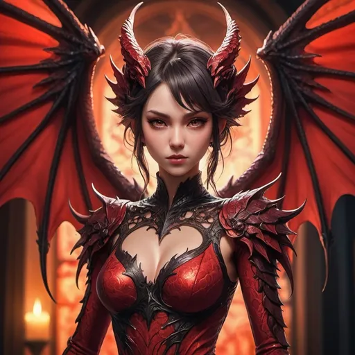 Prompt: a woman with a dragon wings on her head and a red bodysuit on her chest, posing for a picture, Artgerm, gothic art, anime art, a character portrait