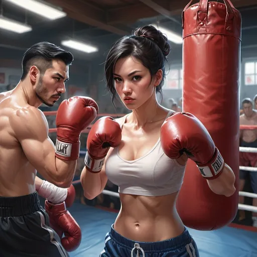 Prompt: a woman in a boxing ring with boxing gloves on her chest and a punching bag in her hand, with a man in the background, Artgerm, photorealism, stanley artgerm lau, concept art