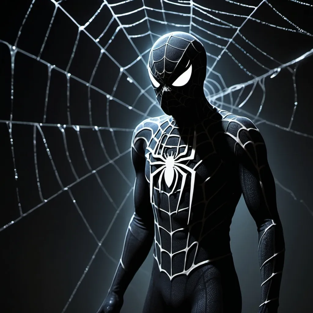 Prompt: a man with a spider suit on in the dark with a spider web in the background and a spider web in the foreground, Alton Tobey, auto-destructive art, vfx, concept art