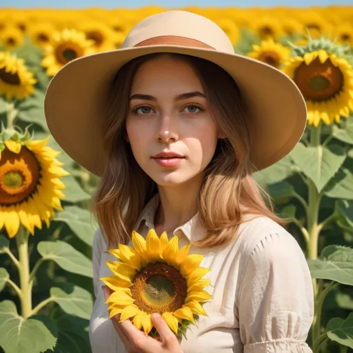 Prompt: a woman standing in a field of sunflowers holding a large sunflower in his hand and a hat on his head, Bernard Meninsky, synthetism, official art, a colorized photo