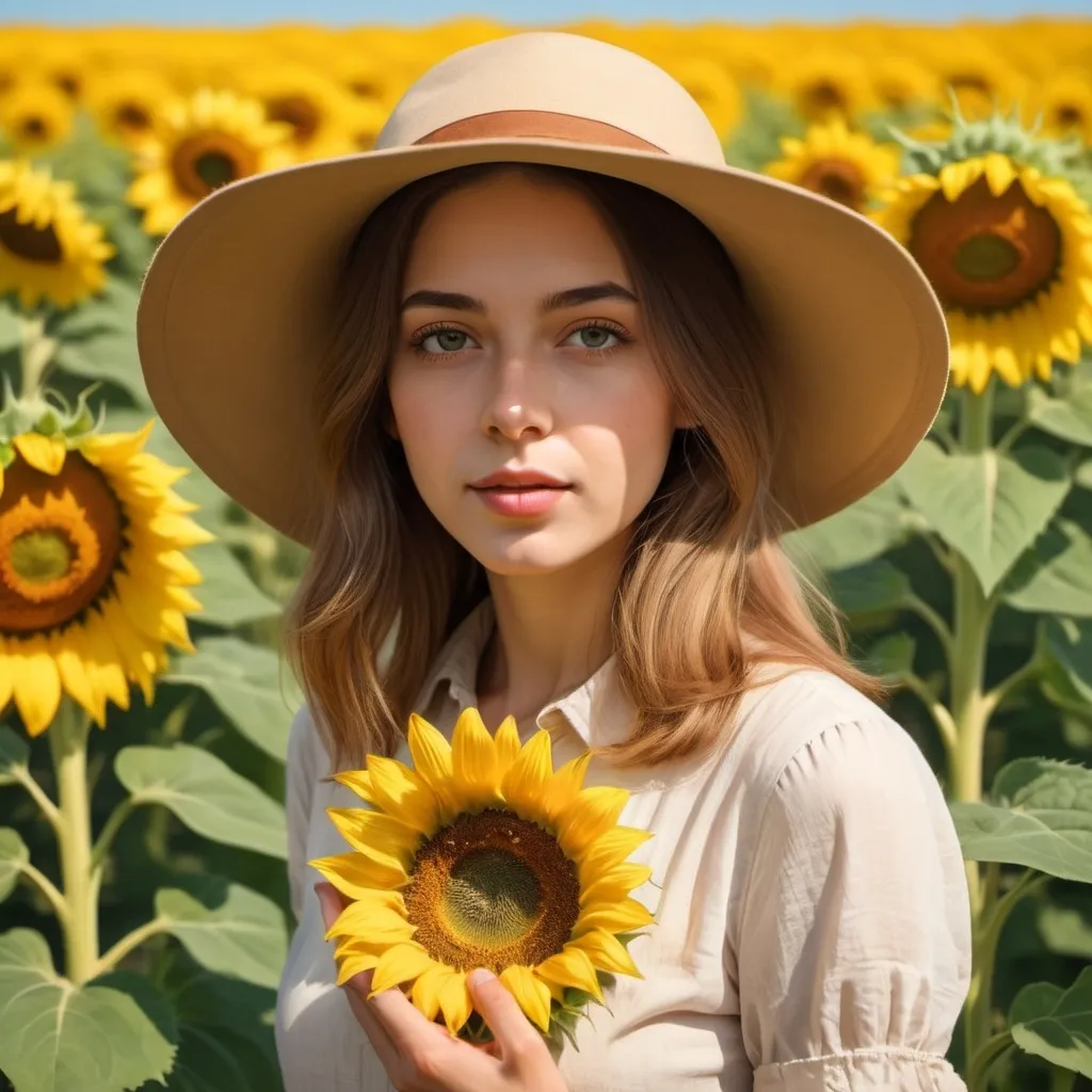 Prompt: a woman standing in a field of sunflowers holding a large sunflower in his hand and a hat on his head, Bernard Meninsky, synthetism, official art, a colorized photo