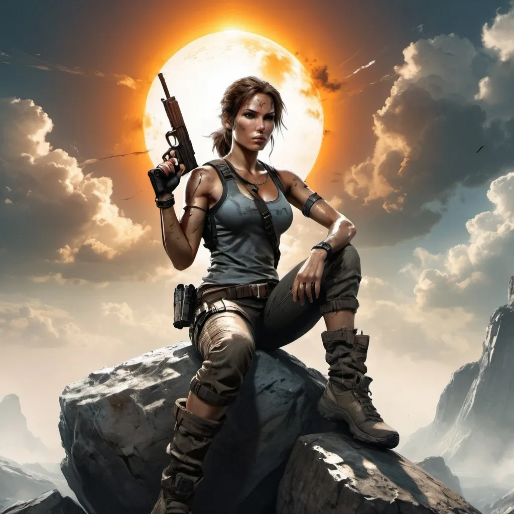 Prompt: Lara croft with guns sitting on a rock in front of a sun and clouds background with a gun in her hand, Aleksi Briclot, rayonism, key art, cyberpunk art