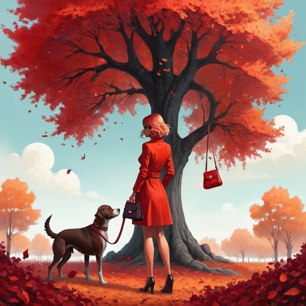 Prompt: a woman standing under a tree with a purse in her hand and a dog in her hand, in front of a tree with red leaves, Cyril Rolando, fantasy art, autumn, a detailed painting