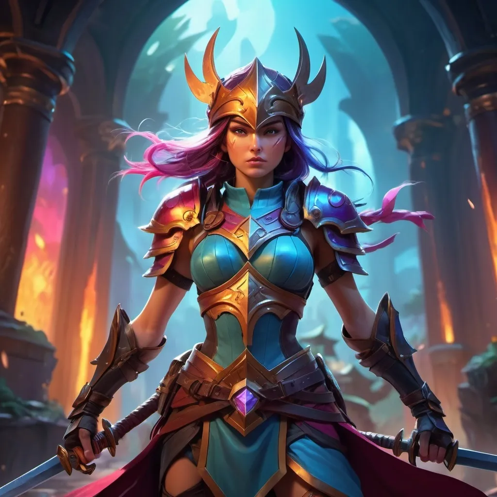 Prompt: a woman cartoon character with a helmet and a sword in her hand and a sword in her other hand, and a helmet on her head, Epsylon Point, fantasy art, league of legends concept art, concept art