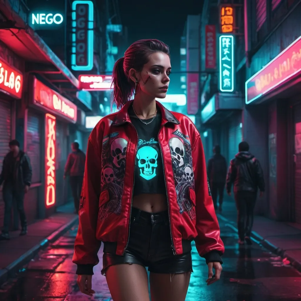 Prompt: a woman in a red jacket and skull print jacket walking down a street in a city with signs in the background, Caroline Chariot-Dayez, neogeo, synthwave style, cyberpunk art