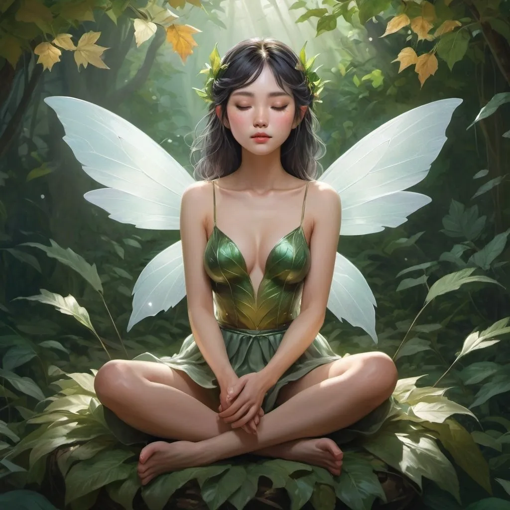 Prompt: a fairy sitting on a bed of leaves with her eyes closed and her hands folded out to her chest, Chen Lin, fantasy art, rossdraws global illumination, a detailed painting