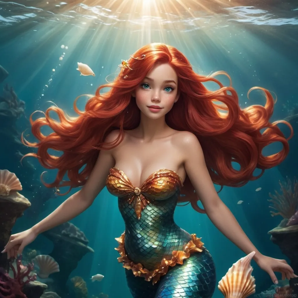 Prompt: Ariel, the enchanting mermaid princess, gracefully emerges from the sparkling, azure depths of the ocean. Her long, flowing red hair cascades around her like a fiery wave, contrasting beautifully with her iridescent, shimmering tail. She is adorned with a delicate, seashell necklace that catches the light, adding a touch of elegance to her allure. As she glides through the water, the sun's rays filter through the surface, creating a magical, golden glow that accentuates her graceful movements. Her eyes are full of playful curiosity and warmth, and she radiates a captivating blend of confidence and charm in this mesmerizing underwater world