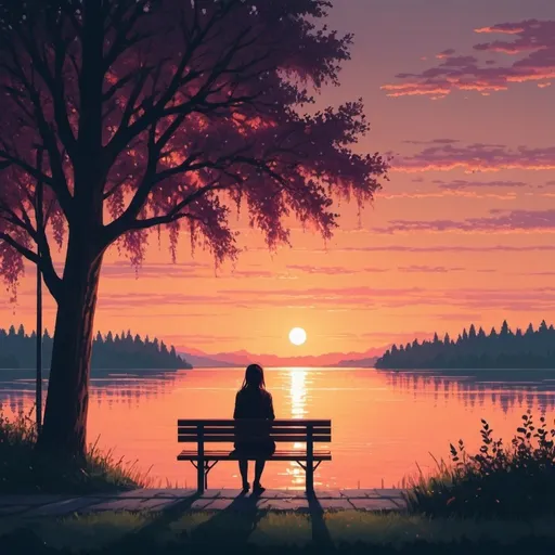 Prompt: a woman sitting on a bench in front of a sunset with a lake and trees in the background and a person sitting on a bench, Alena Aenami, pixel art, sunset, pixel art