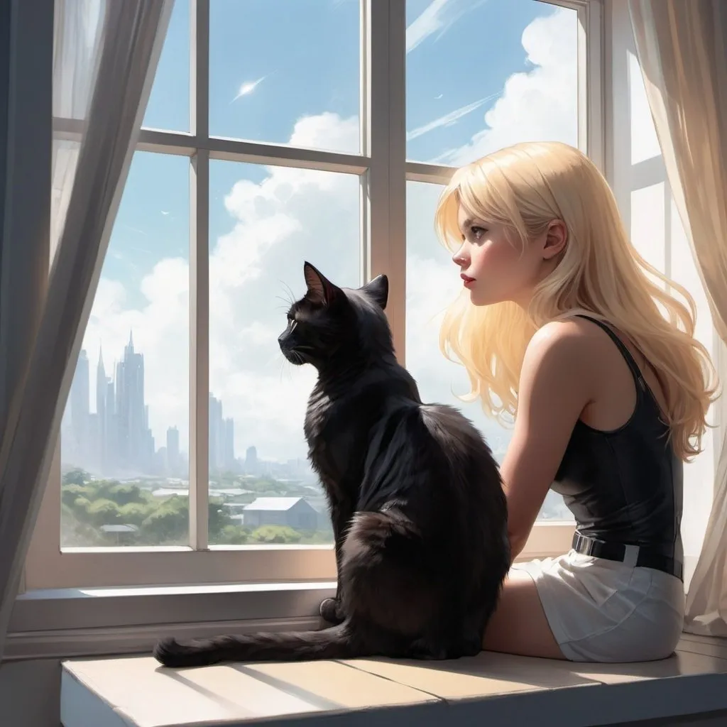 Prompt: a cat sitting next to a window with a blonde haired girl looking out the window at a black cat, Artgerm, space art, rossdraws global illumination, a comic book panel