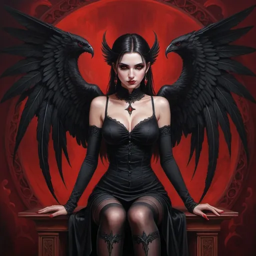 Prompt: a woman with black wings and a black dress with a black top and black stockings on her knees and a red background, Anne Stokes, gothic art, dark fantasy art, a digital painting