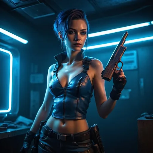 Prompt: a woman in a blue outfit holding a gun in a dark room with lights on the ceiling and a neon light behind her, Eve Ryder, fantasy art, cyberpunk style, cyberpunk art