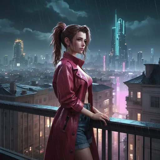 Prompt: Aerith Gainsborough standing on a balcony in a city at night with a cityscape in the background and a rain shower, Artgerm, retrofuturism, cyberpunk style, cyberpunk art