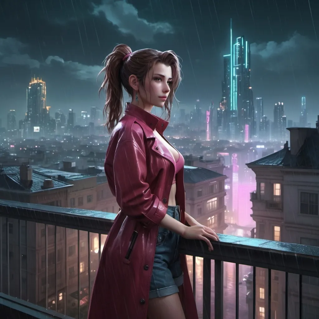 Prompt: Aerith Gainsborough standing on a balcony in a city at night with a cityscape in the background and a rain shower, Artgerm, retrofuturism, cyberpunk style, cyberpunk art