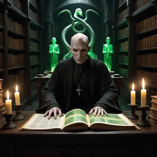 Prompt: Lord Voldemort stands alone in the dimly lit chamber of his hidden lair, surrounded by towering, ancient bookshelves filled with forbidden tomes and dark artifacts. His pale, snake-like face is illuminated by the eerie, green glow of a flickering, enchanted candle. He gazes intently at a mystical, arcane map spread out before him on a grand, ornate desk, his long, slender fingers tracing dark, serpentine symbols. The shadows around him seem to dance with a life of their own, reflecting his dark and formidable presence. Despite his fearsome reputation, there's a moment of intense focus and cold calculation as he contemplates his next move. In this shadowy, foreboding setting, Voldemort's mastery of dark magic and his unwavering ambition are palpable, creating an atmosphere of chilling power and menace