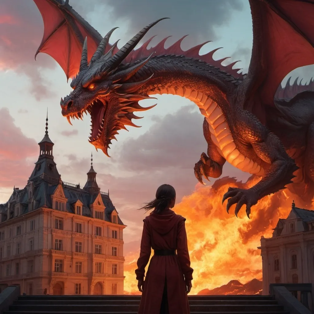 Prompt: a woman standing in front of a fire filled sky with a dragon like creature in the foreground and a building in the background, Anton Fadeev, fantasy art, dragon art, a detailed matte painting