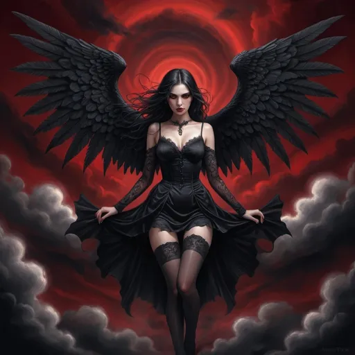 Prompt: a woman with black wings and a black dress with a black top and black stockings on her knees and a red background, Anne Stokes, gothic art, dark fantasy art, a digital painting